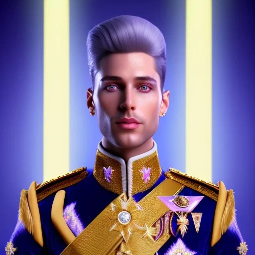 Portrait of an handsome smiling man, prince, galactic, glitter blue velvet suit with jewels and stripes, blond hair, blue eyes, cinematic lights unreal engine 5, 4k, high details, beam and stars in background, blue and purple