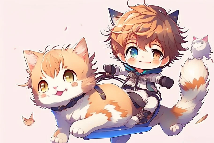 cute chibi anime boy is riding a cute fluffy chibi anime cat