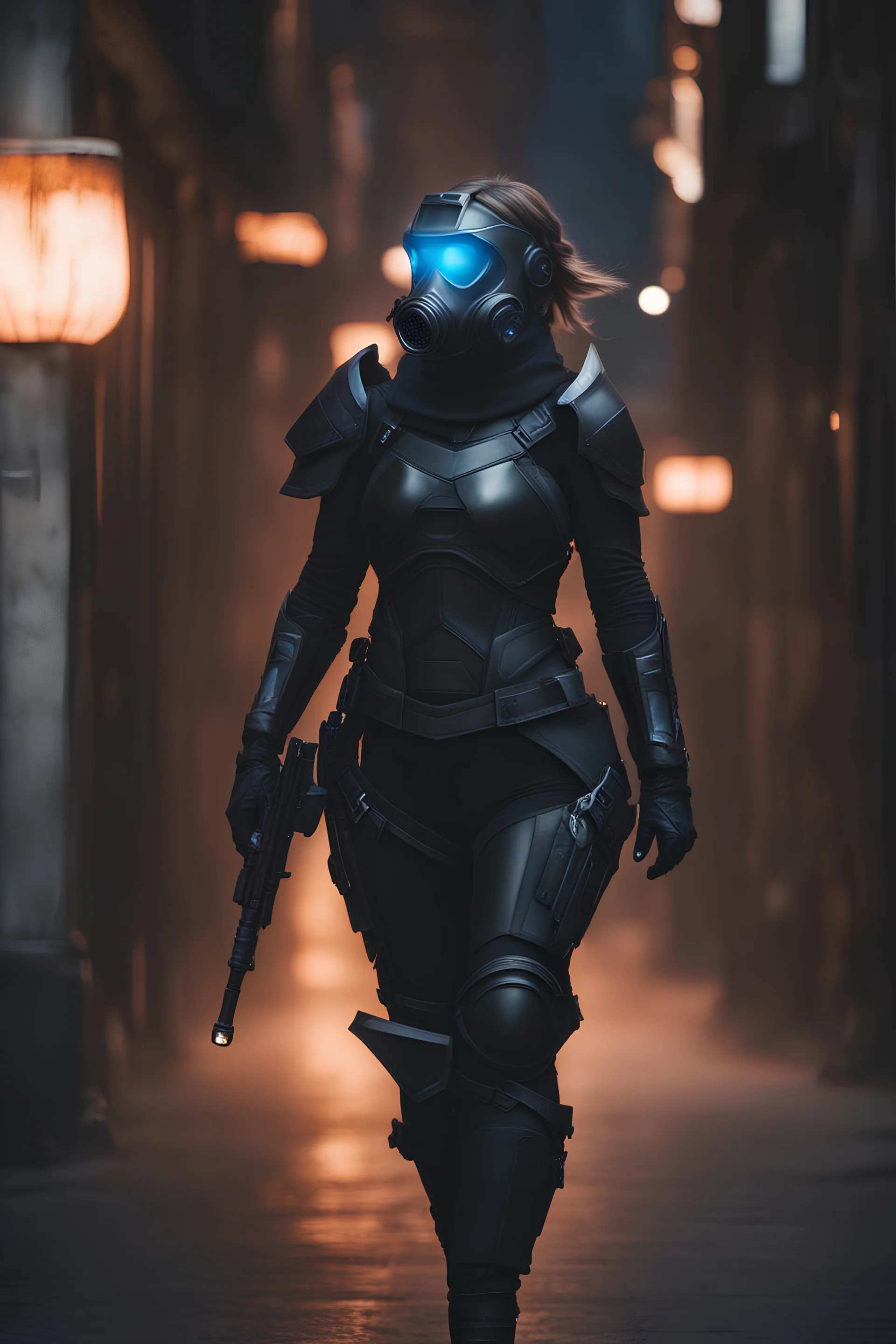 A full photo of a girl in modern black armor, , fantasy art, concept art, futuristic, 8k high resolution, extremely detailed armor, extremely detailed gas mask, blue hour