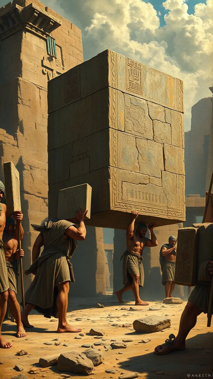 Bosch painting style giant strong warriors have muscles carrying a big cubicle stones along with slaves building the Egyption paramount