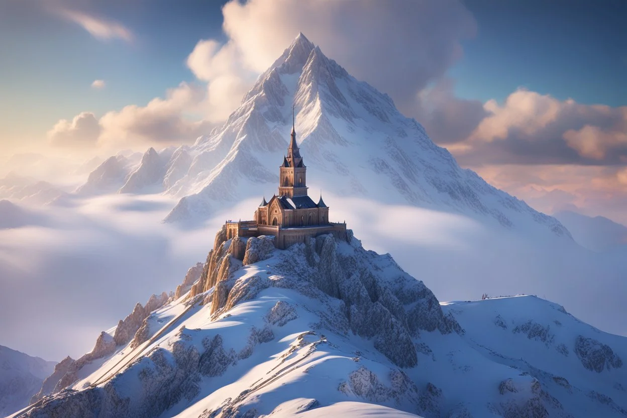 A massiv mountain with a needle thin tower on the snow-covered top reaching the clouds. fantasy concept art, exquisite realism, a masterpiece, dynamic lighting, hyper detailed, intricately detailed, deep color, Unreal Engine, volumetric lighting , Epic cinematic brilliant stunning intricate meticulously detailed dramatic atmospheric maximal,