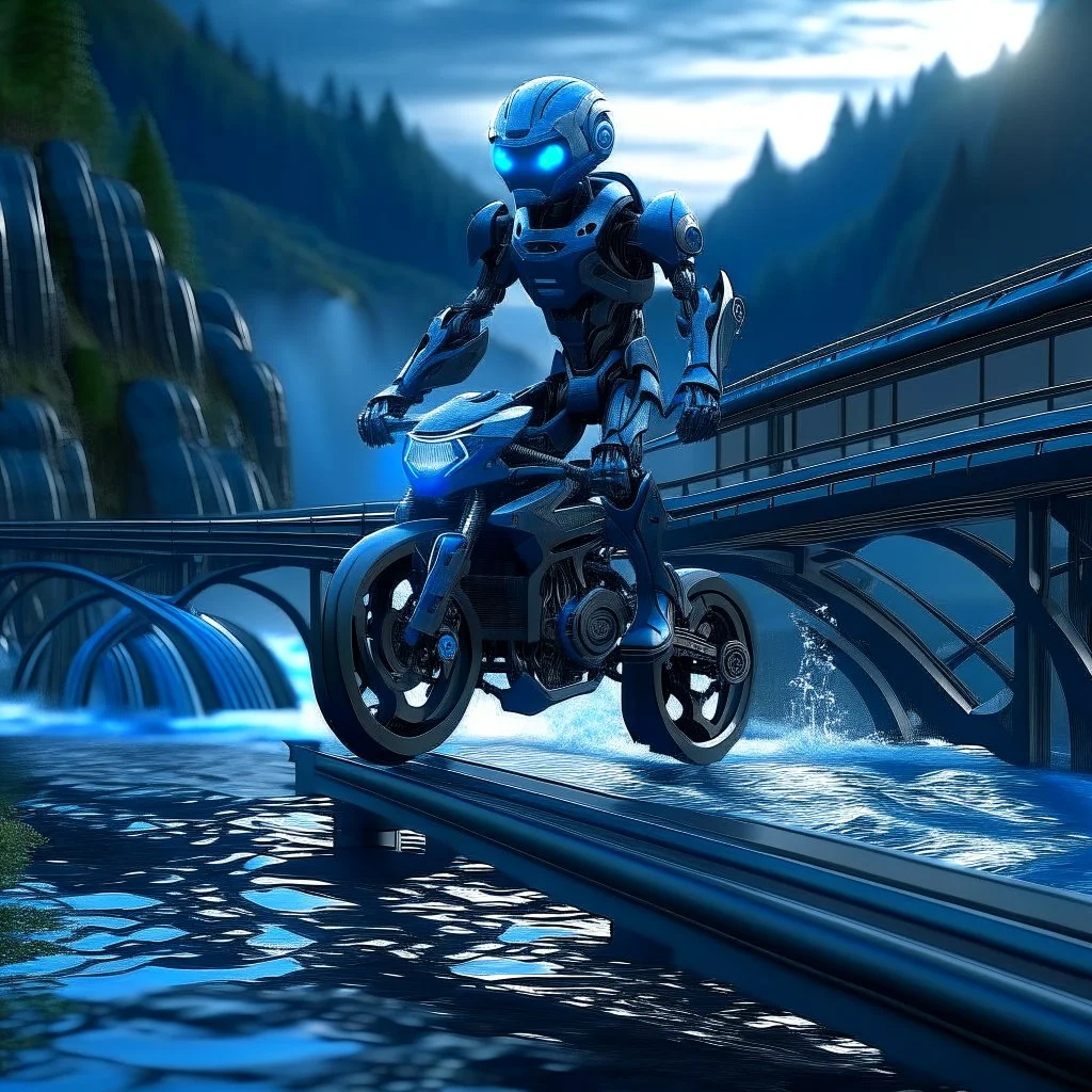 ninja robot on bike on bridge over waterfall, 8k, down-light, soft light, depth of field, photo realism, trending on art station, high detail