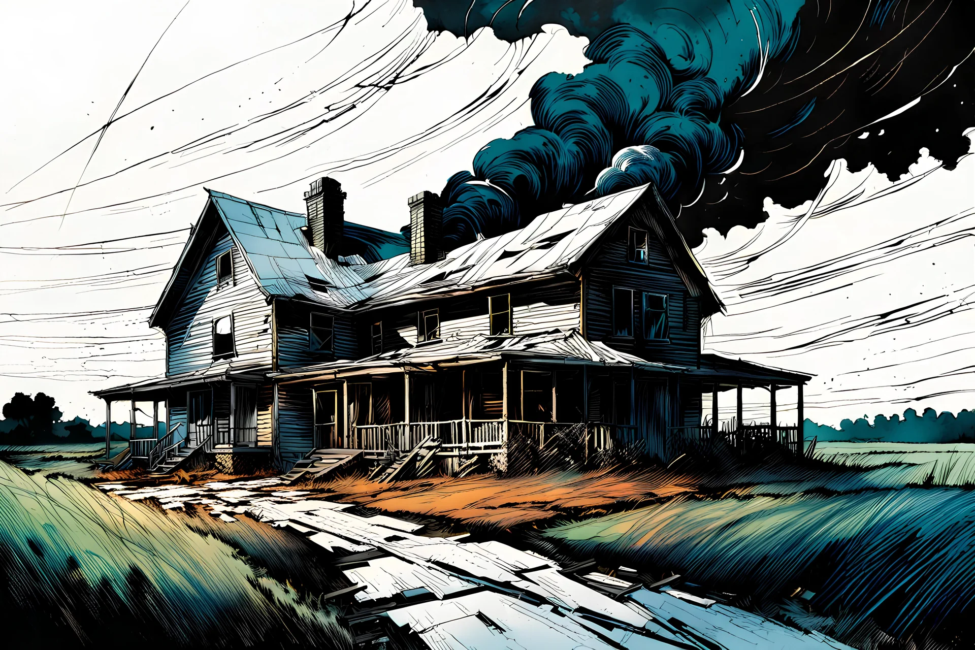 create a dreamscape illustration of a farmhouse disintegrating in a massive tornado , with highly detailed features, in the comic art style of FRANK MILLER and BILL SIENKIEWICZ, searing lines and forceful strokes, precisely drawn, boldly inked, with gritty textures, dark and dramatic otherworldly lighting