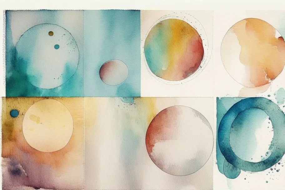 Five Abstract watercolour circles with sketchy pencil outlines