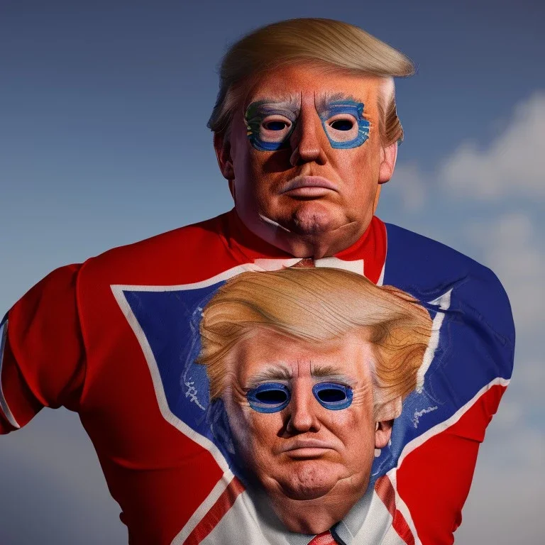 realistic image of donald trump as a mexican wrestling fighter posing, Mexican eyes wrestling mask, red and blue breeches, retro style, 80s, vibrant color, highly detailed, sky background, concept art, unreal engine 5, god rays, ray tracing, RTX, lumen lighting, ultra detail, volumetric lighting, 3d, finely drawn, high definition, high resolution.