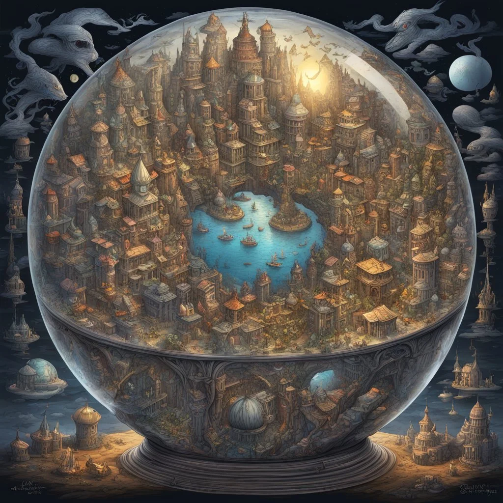 Miniature Mystical Weirdland city in a glass globe, ultra max detailed dark astral background, hyperdetailed; by John Tenniel, by Stanley Mouse, by Tim Burton; ultra surrealism; incredible composition; dynamic_lighting; meticulously composed concept art, strange mystic symbols, digital illustration, Reflections, cell-shaded, Volumetric_lighting, bright whimsical colors