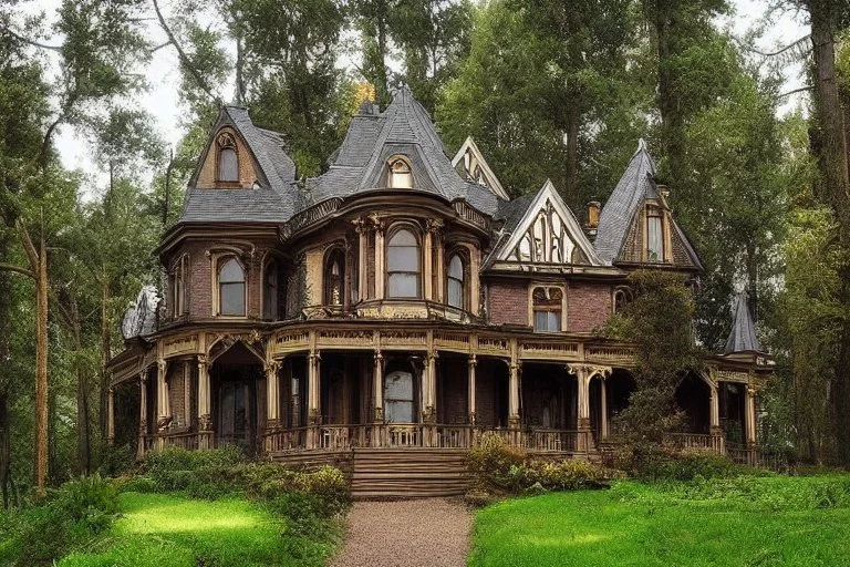 fantasy victorian house surrounded by forest