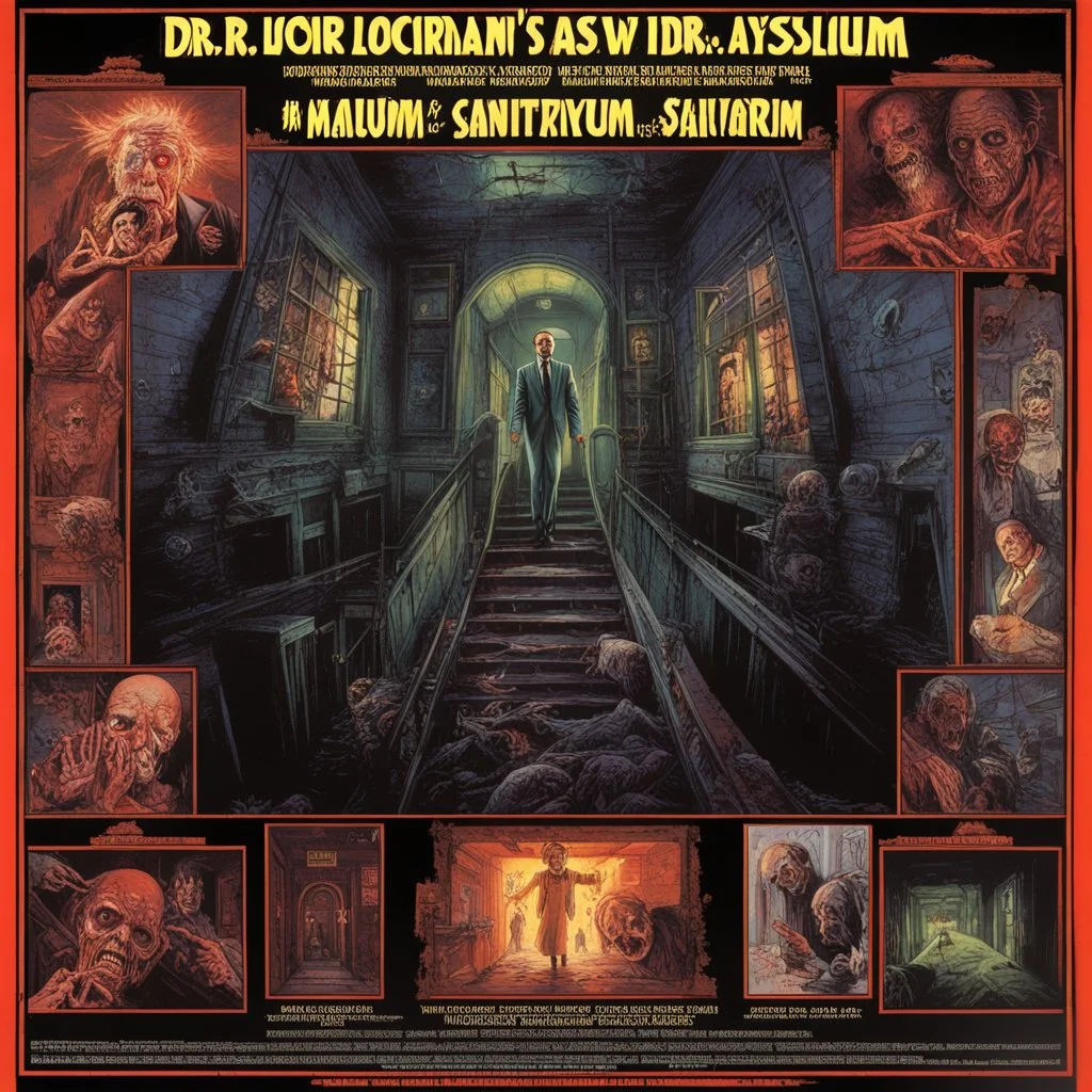 With the words "DR. LOCRIAN’S ASYLUM" on it, 1989 Cosmic Horror movie poster about the deconstruction of a sanitarium and the madness set loose by THOMAS LIGOTTI, Vintage Movie Poster art, dramatic retro psychological horror poster art, by Drew Struzan, by Godmachine, creepy, deep colors, movie credits listed on bottom, Rated R movie symbol.