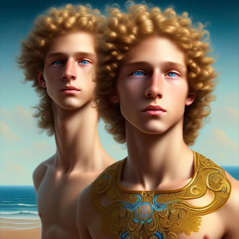 intricate, sharp focus, highly detailed, digital painting, Paul Lewin and Kehinde Wiley, full body image of a beautiful 12 year old boy with long, blonde curly hair and light blue eyes, smiling, shirtless, in front of an distant beach