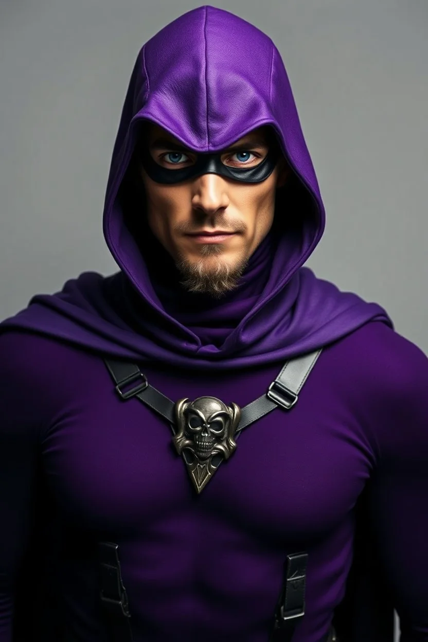 full-length, A portrait of a the Phantom, a man with piercing blue eyes, a chiseled jaw, goatee, timeless face, stern expression, Wearing a skintight formfitting purple cotton hero suit with a skintight cowl with a widows peak that fits tight to his head, but does not cover his face, he wears a thin, black leather, bandit eye disguise over his eyes, black and blue diagonally striped trunks, dual-holstered pistol belt adorned with a triangle skull-shaped buckle with leg straps, knee-high boots