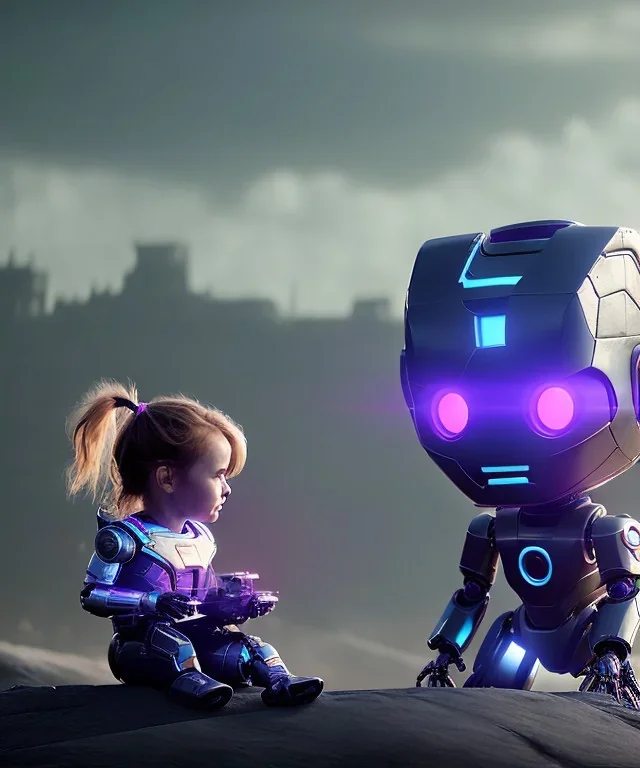 little girl sitting inside a big robot suit, white and purple