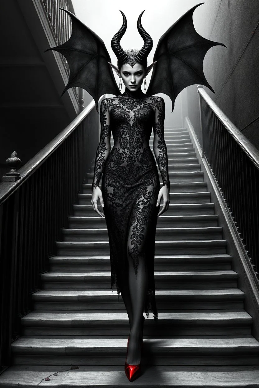 black and white digital art from a demonic dark elf queen in black lace dress and red shooes standing on stairs , crepy stunning , she looking defiantly in the camera , high detalied, realistic, dark fantasy, thriller, cinematic