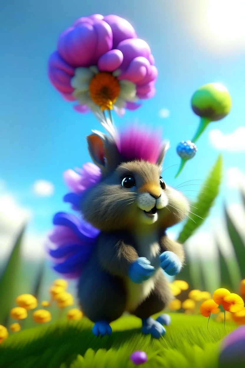 plexi glass tower, portrait of a cute fluffy wolly squirrel with an open parachute holding weird flowers in the style of pixar, on a strange planet with weird colors and wind turbines, bokeh like f/0.8, tilt-shift lens 8k, high detail, smooth render, down-light, unreal engine, prize winning