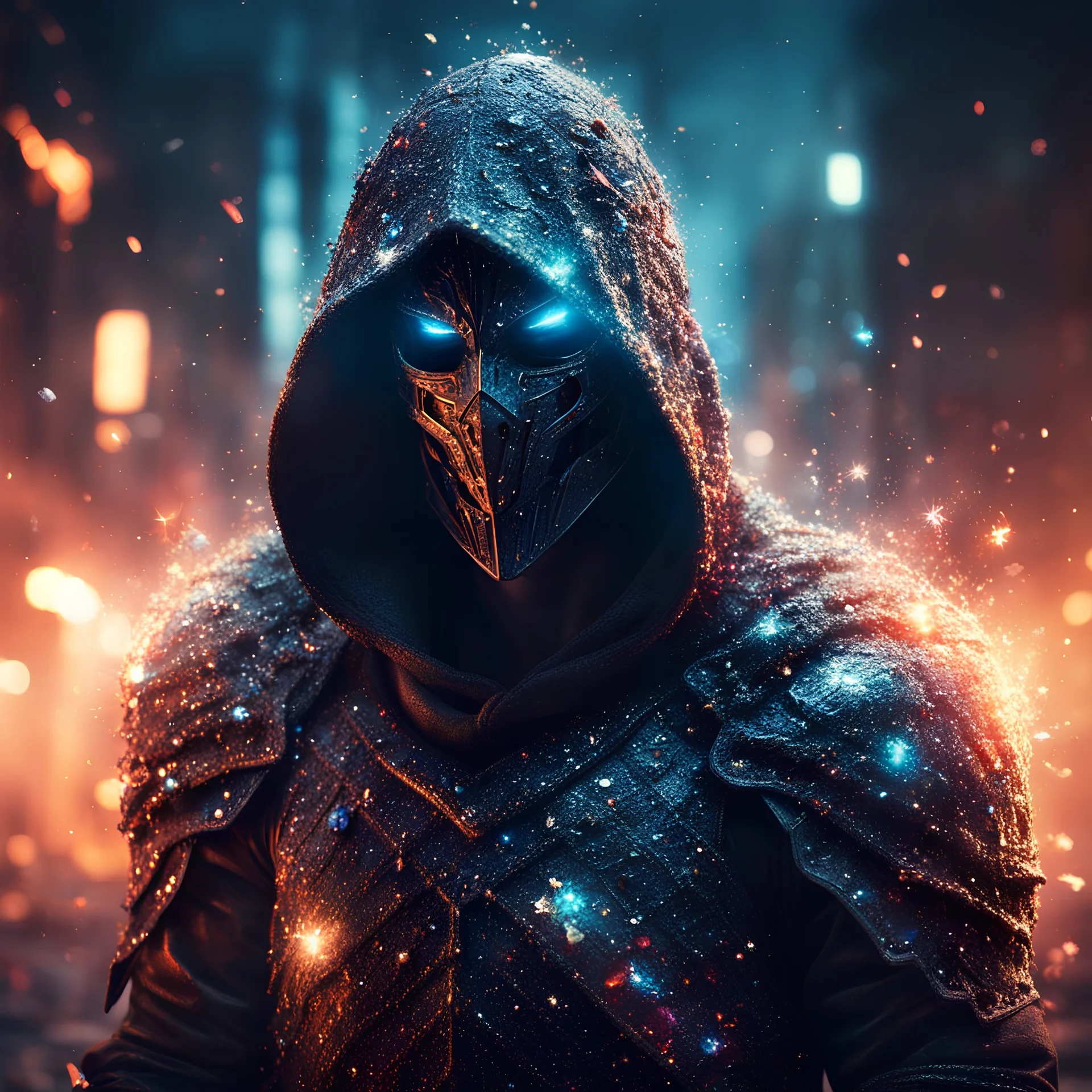 post-apocalyptic hooded angle warrior knight covered with glowing crystals, fire particles in air, destroyed city, night, bright colors, glowing sparkle particles, dark tone, sharp focus, high contrast, 8k, incredible depth, depth of field, dramatic lighting, beautifully intricate details, clean environment, epic dynamic scene