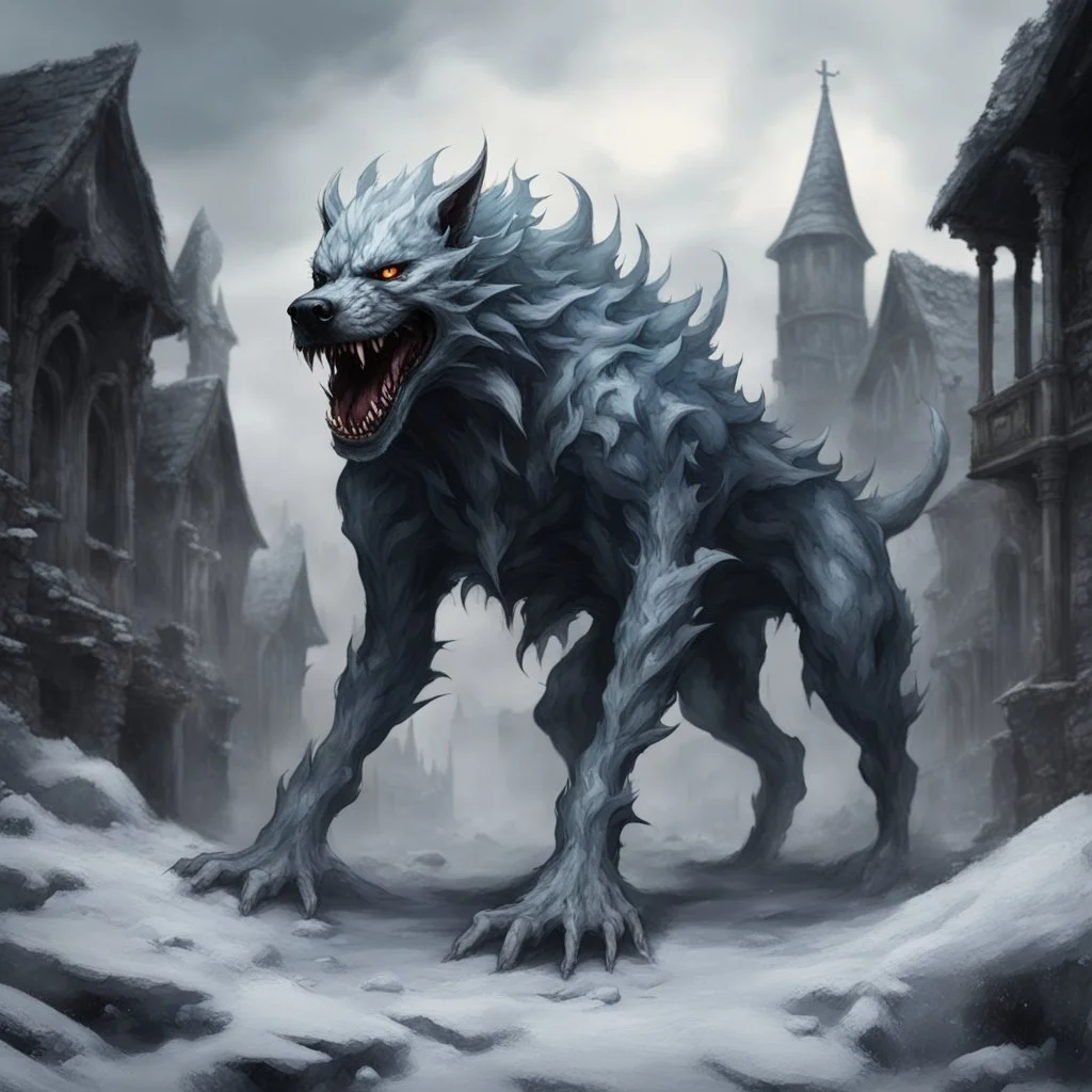 frost hellhound out of the abyss monstrous in ruins of medival town