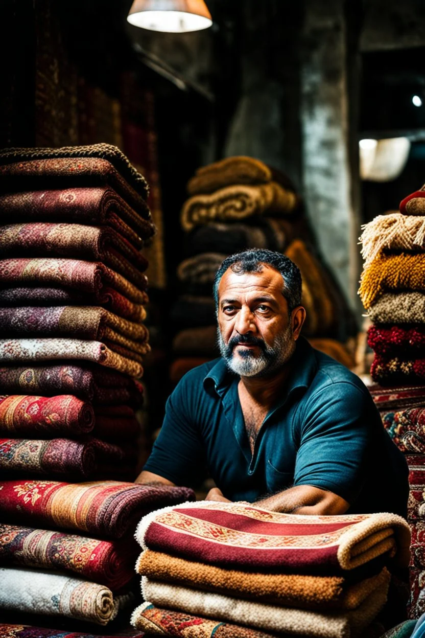 close up photography of a burly Robust 40-year-old Turk in Istanbul bazaar, shirtless, selling carpets sitting on a pile of carpets, biig shoulders, manly chest, very hairy, side light,