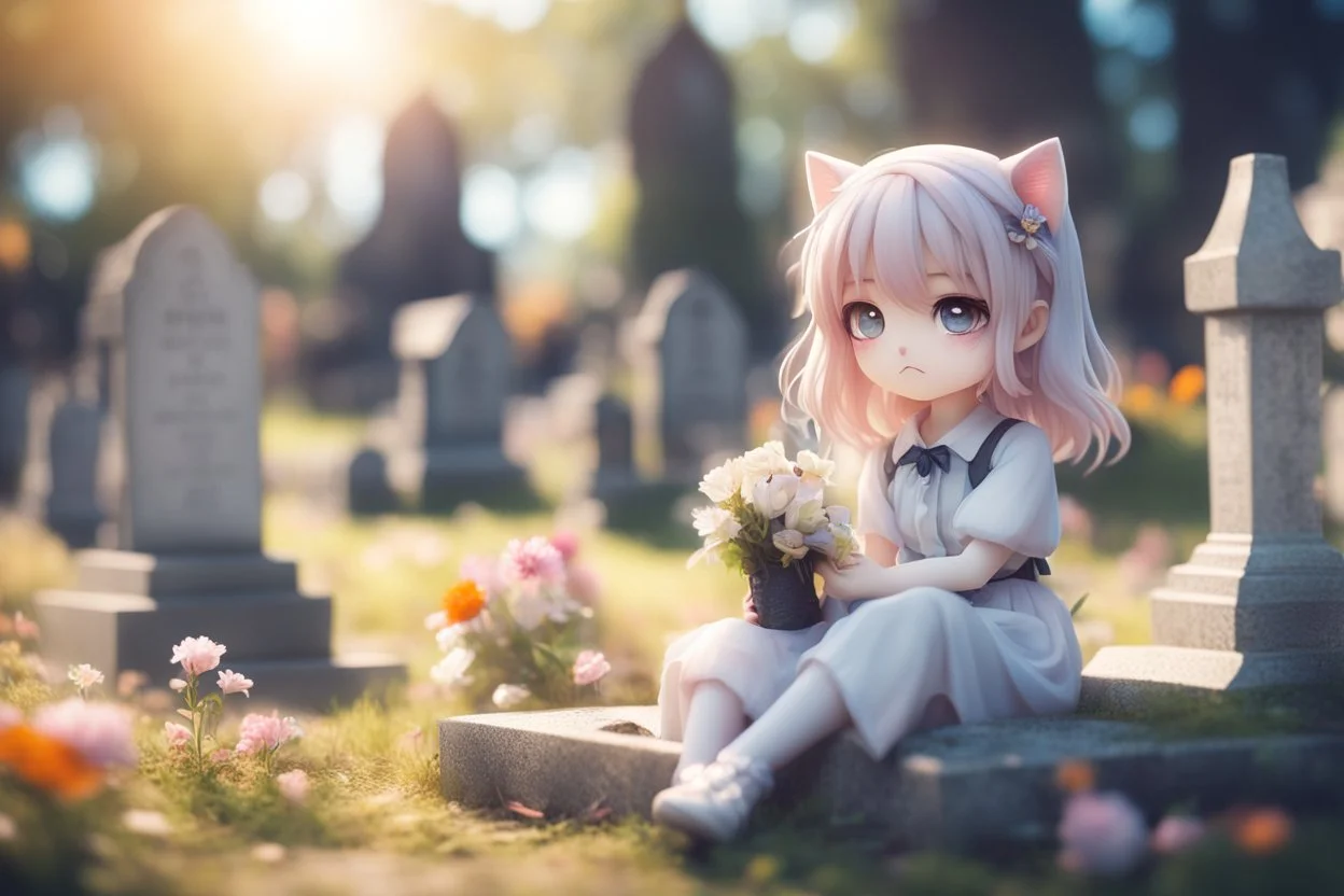 cute chibi anime cat girl in the graveyard, sadly sitting next to a grave, flowers in her hand in sunshine, ethereal, otherwordly, cinematic postprocessing, bokeh, dof