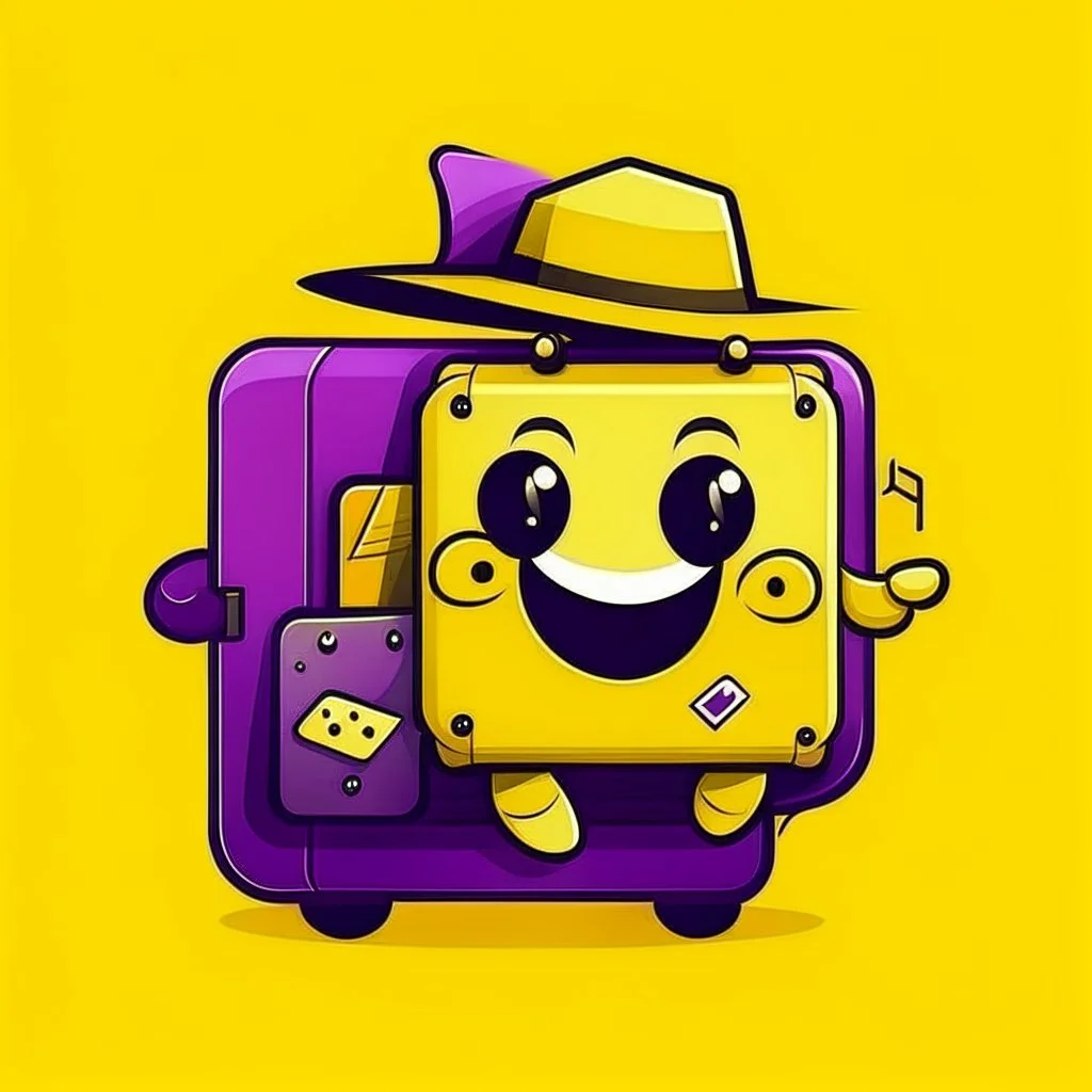 Social Media Design A yellow suitcase has eyes, a mouth, eyes, hands and legs, a cute smiley, wearing a black hat and carrying a passport. Comic shape. . A simple purple background. Give me the image with the best automated atmosphere. Sinai. Darmi.