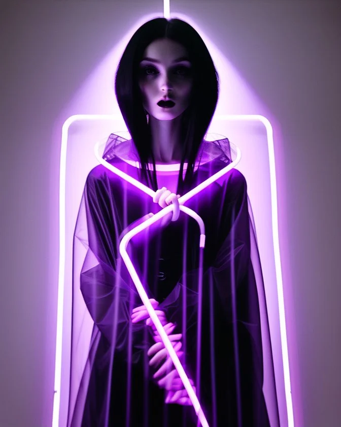 Picture by koson ohara and marta bevacqua, portrait of a beautiful goth woman with long black hair, wearing a plastic raincoat, purple neon lighting, 8k, high quality, highly detailed