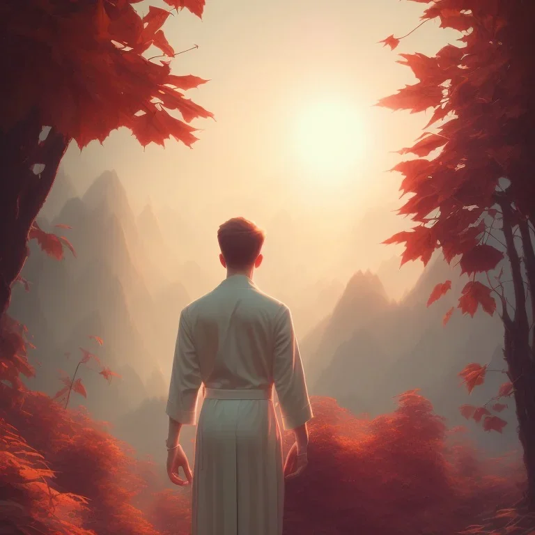 charlie puth portrait , detailed hands, at dawn by atey ghailan, golden light , white robe, holding leaves and flowers , angels background, volumetric light, high detail, red leaf tree, mountains in background, perfect