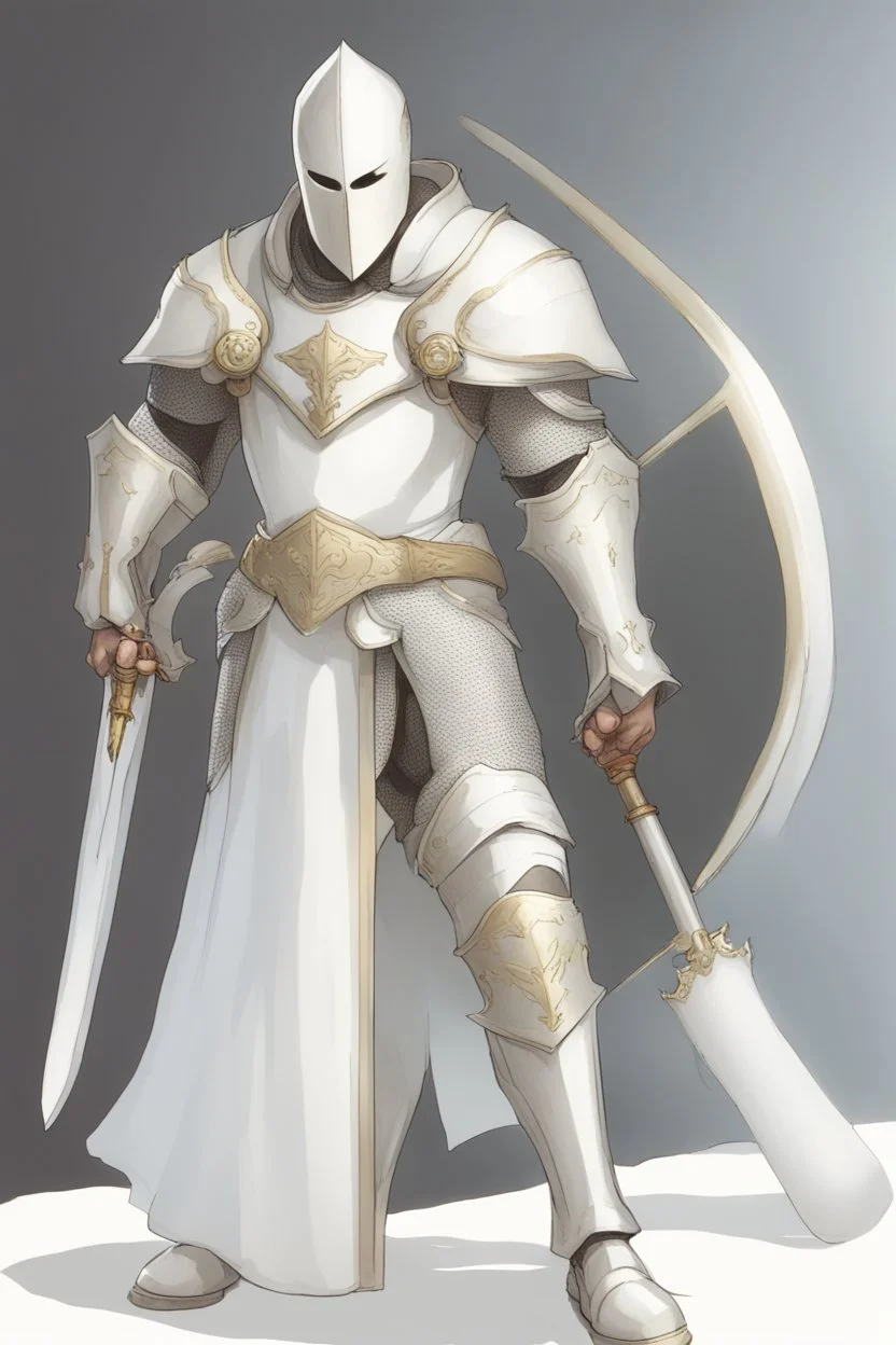 Knight wearing white armor and white cape with white mask, sword, and shield