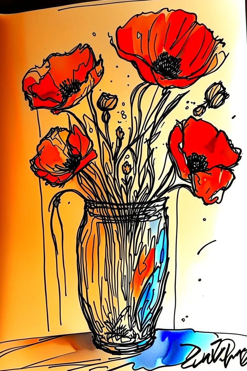 Sketchy sharp line wet watercolour of a vase of poppies
