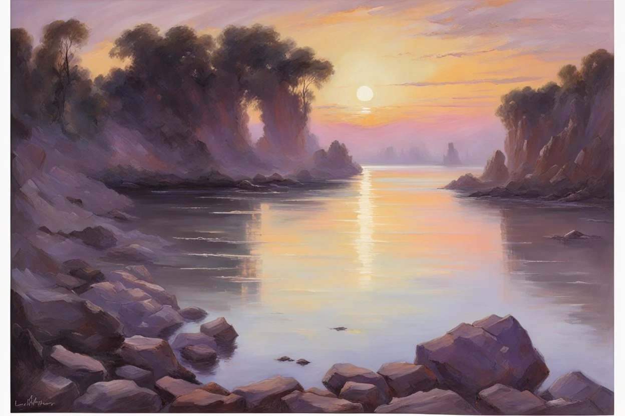 purple sky, rocks, sci-fi, lake, friedrich eckenfelder and henry luyten impressionism paintings