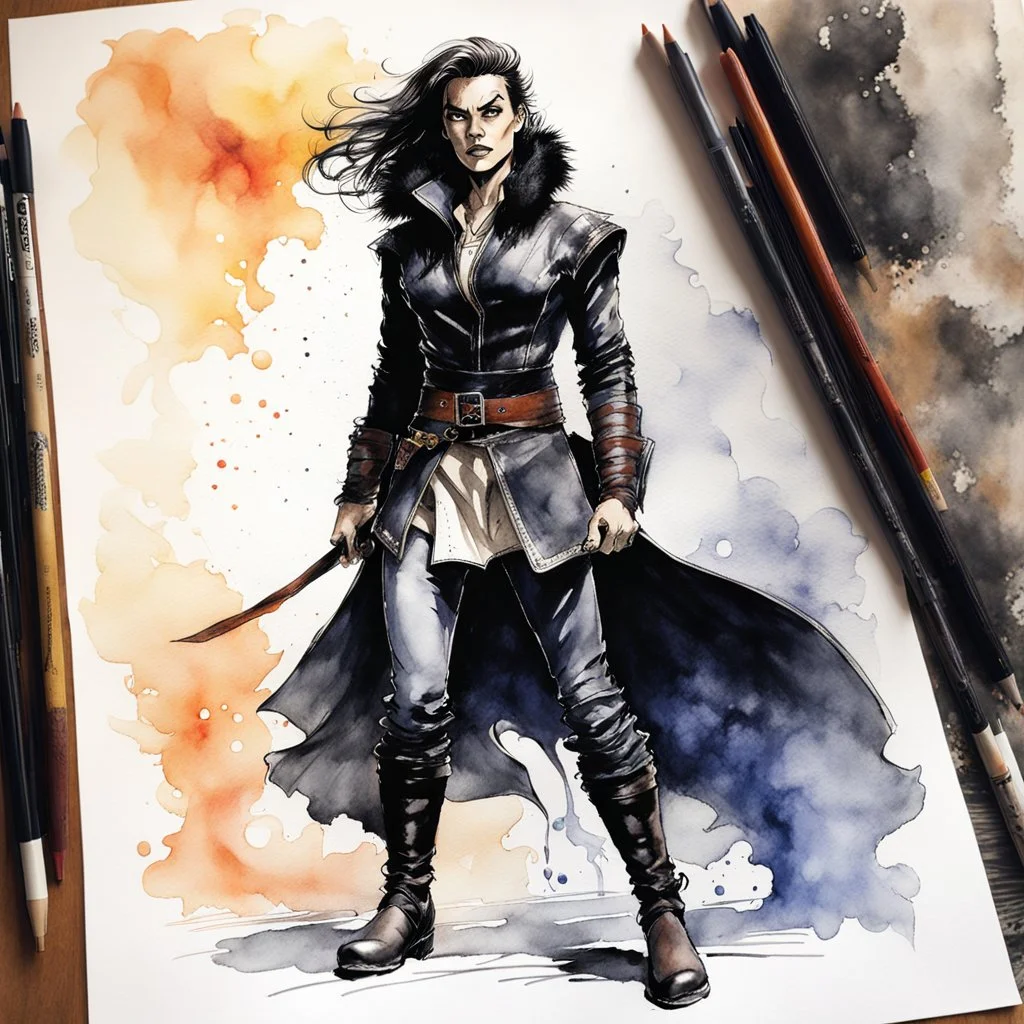 Create a masterpiece ink wash and watercolor portrait of an epic fantasy Lankhmar female thief character slim in stature, with shoulder length hair, finely lined and detailed facial features, in an fur collared leather doublet and breeches , a short oriental cloth belt at the waist, stealthy soft leather slippers, , in the comic book style of Bill Sienkiewicz, Howard Chaykin, Mike Mignola, Philippe Druillet, and Jean Giraud Moebius, precisely drawn, colored and inked,