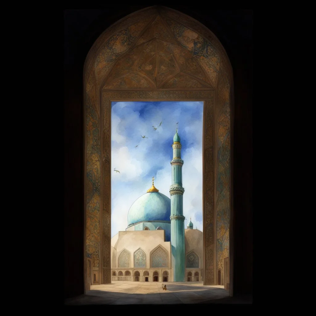 jamkaran mosque in Iran has more blue green color and gold for pattern islamic in the dome . one big domes with beautiful lighting . white Daffodil flower in the floor , clouds with small birds in sky with crescent moon of ramdan . painting watercolor ,simple and islamic style , Painting watercolor