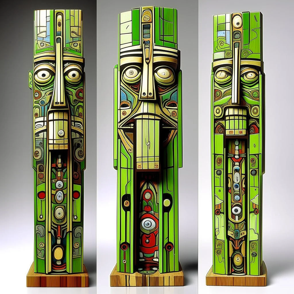 An olive green cybernetic Metropolis designed in pacific Northwest totem poles painted by Edvard Munch