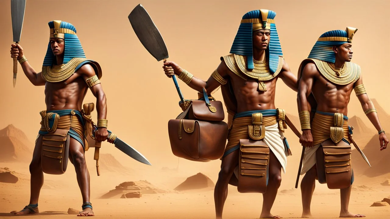 Pharaoh soldiers tear open leather bags with knives and take them out