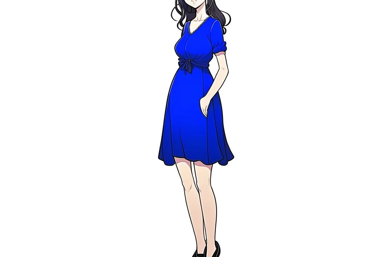 full body of a brown haired anime manga pregnant girl in dark blue dress with eyeglasses