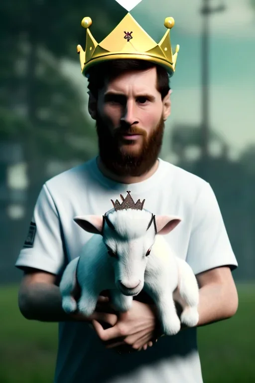 messi as king with wearing crown and king stuffs and clothes and holding a little white goat on his hand ,hyperrealistic,8k,detailed,rendered