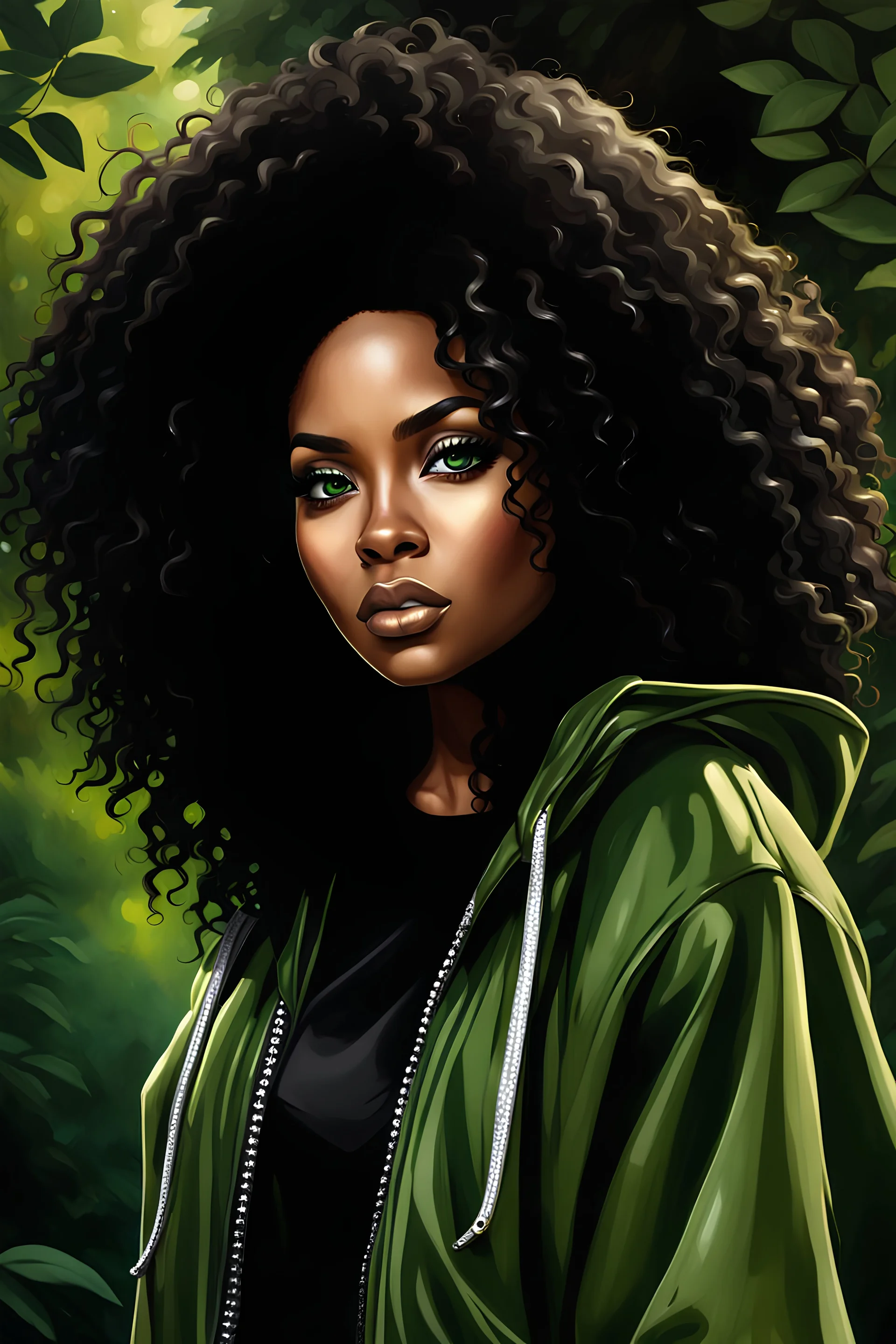 HYPER REALISTIC Graffiti, closeup, WHIMSICAL DIGITAL ILLUSTRATION, HD, HIGH CONTRAST CHIBI STYLE STUNNING AFRICAN AMERICAN WOMAN WITH BEAUTIFUL large, green-colored EYES, fierce makeup, black shoulder length curly hair, LONG LASHES AND LIP GLOSS WEARING An OVERSIZED silver and gold sweatsuit, WALKING FORWARD along a wooded path BACKGROUND, REALISTIC TEXTURE, CREATIVE, CINEMATIC, PHOTOGRAPHY SEAMLESS.