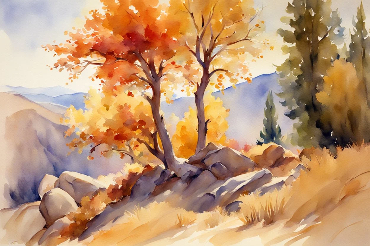 Sunny day, autumn trees, rocks, fantasy, mountains, epic, john singer sargent watercolor paintings