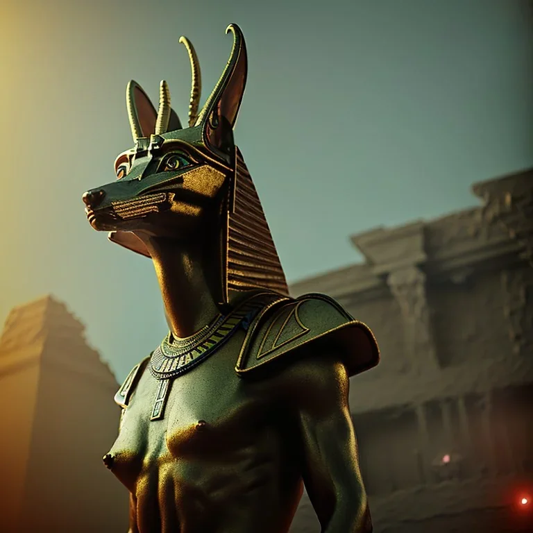 A portrait post-apocalypse of Jackal Egyptian God Anubis ,in the third temple, sci-fi fantasy style, volumetric lighting, particales,highly detailed,cinamatic,8k,3D,fire , gold, and black deep colours.