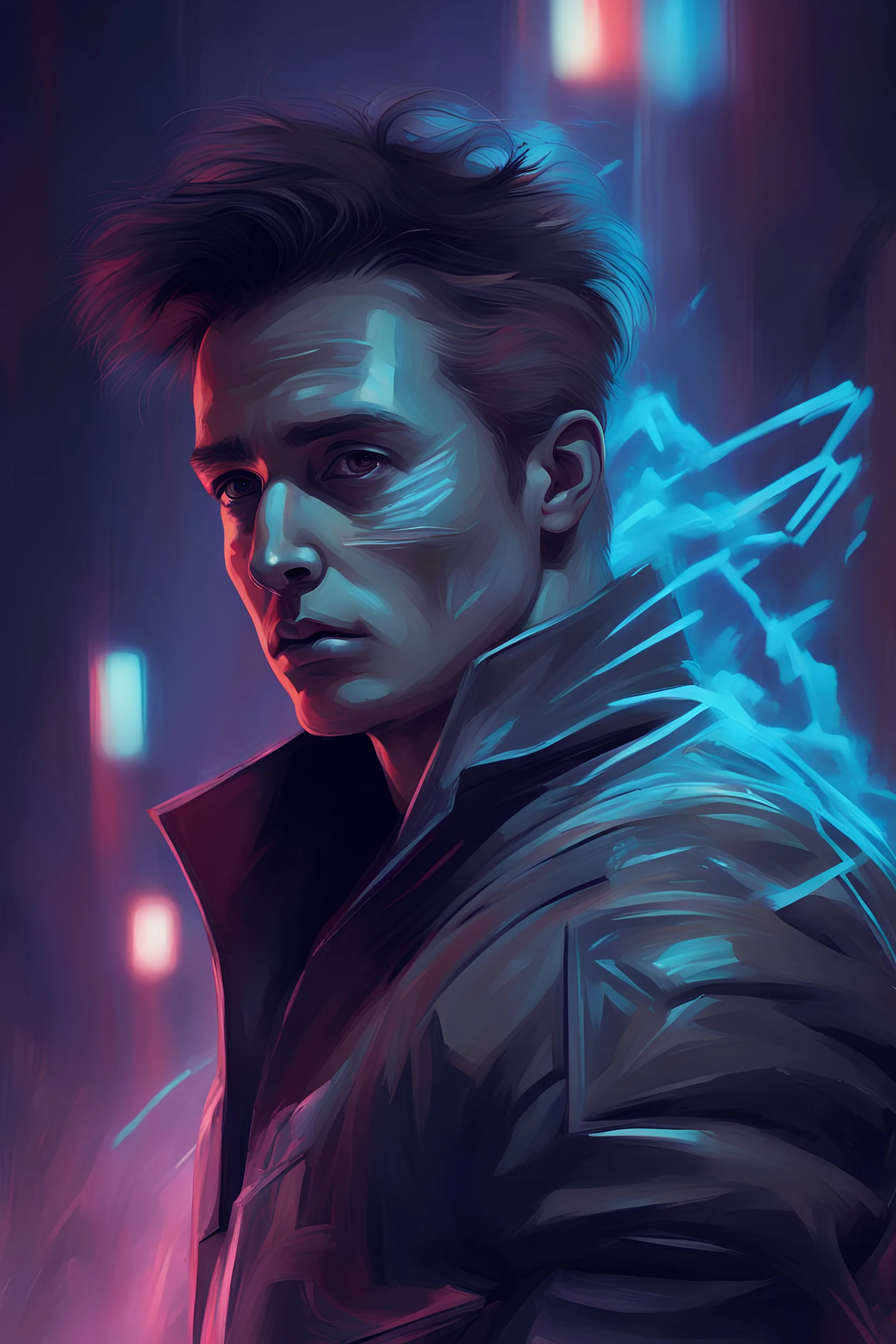 close-up futurism style painting of an european man with a dirty face, dark colors, dramatic effect, light is in his eyes ::2 reminiscent of 1980s synthwave aesthetics, retro-futurism style