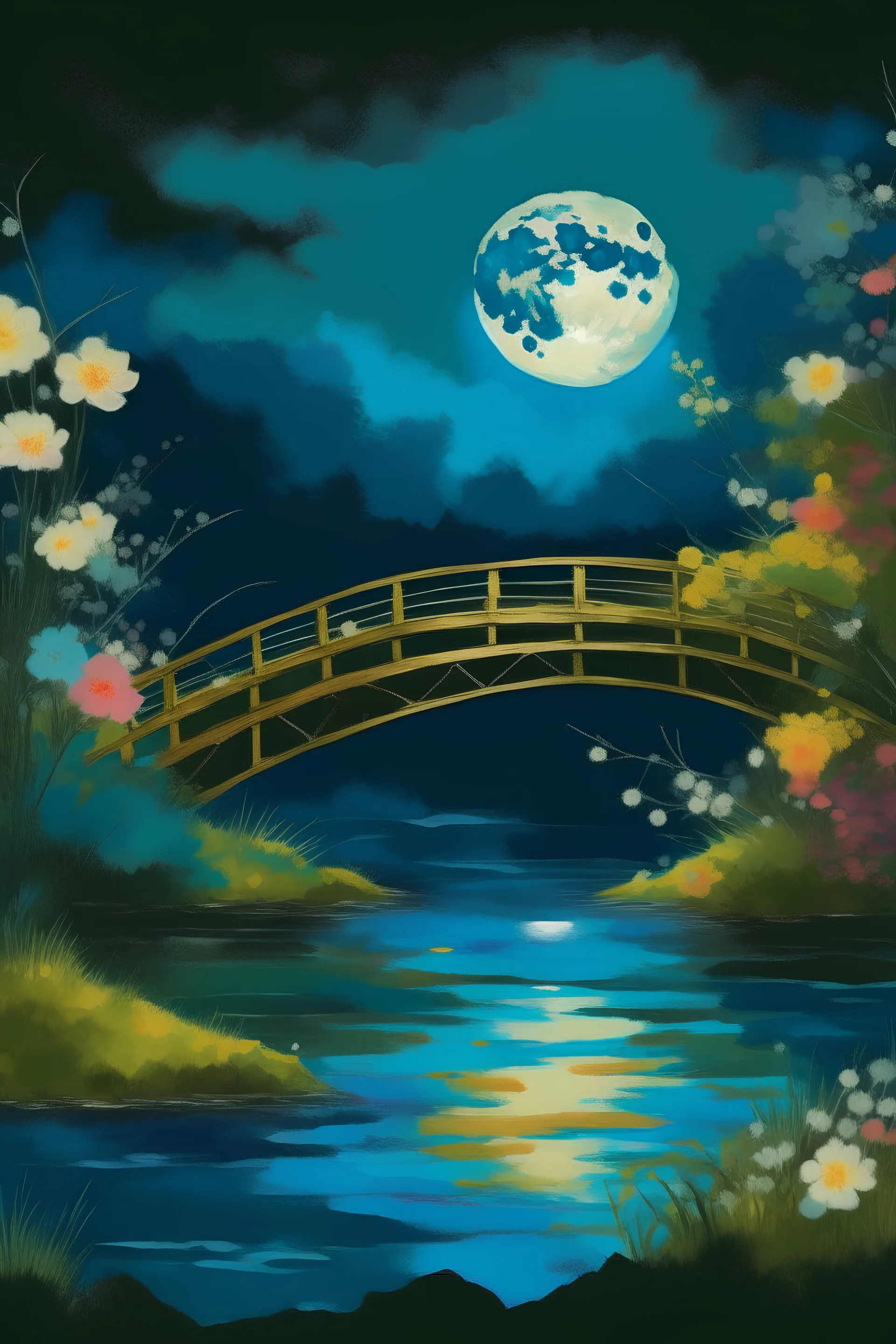 fazer uma obra artística do impressionismo com uma ponte japonesa iluminada em cima de um rio com flores no escuro com uma lua