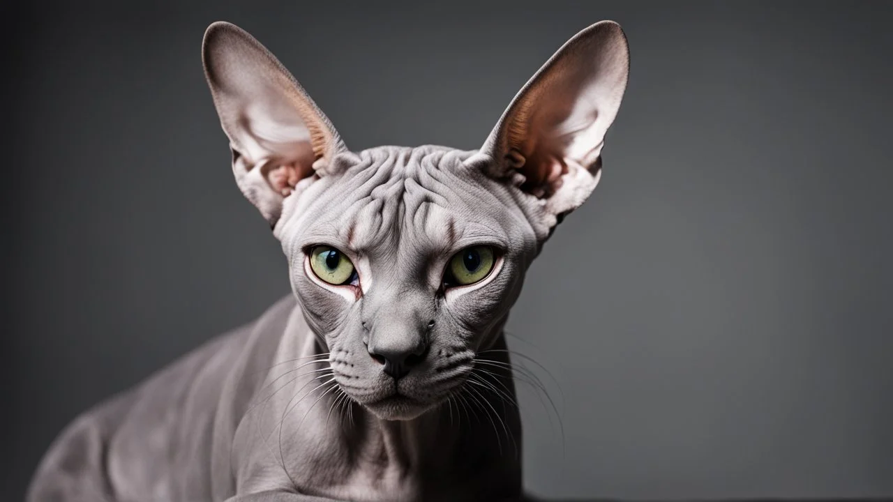 a photograph of sphynx with no backround, 30% of the picture should be full black, high contrast, portrait, shot with a sony alpha A9