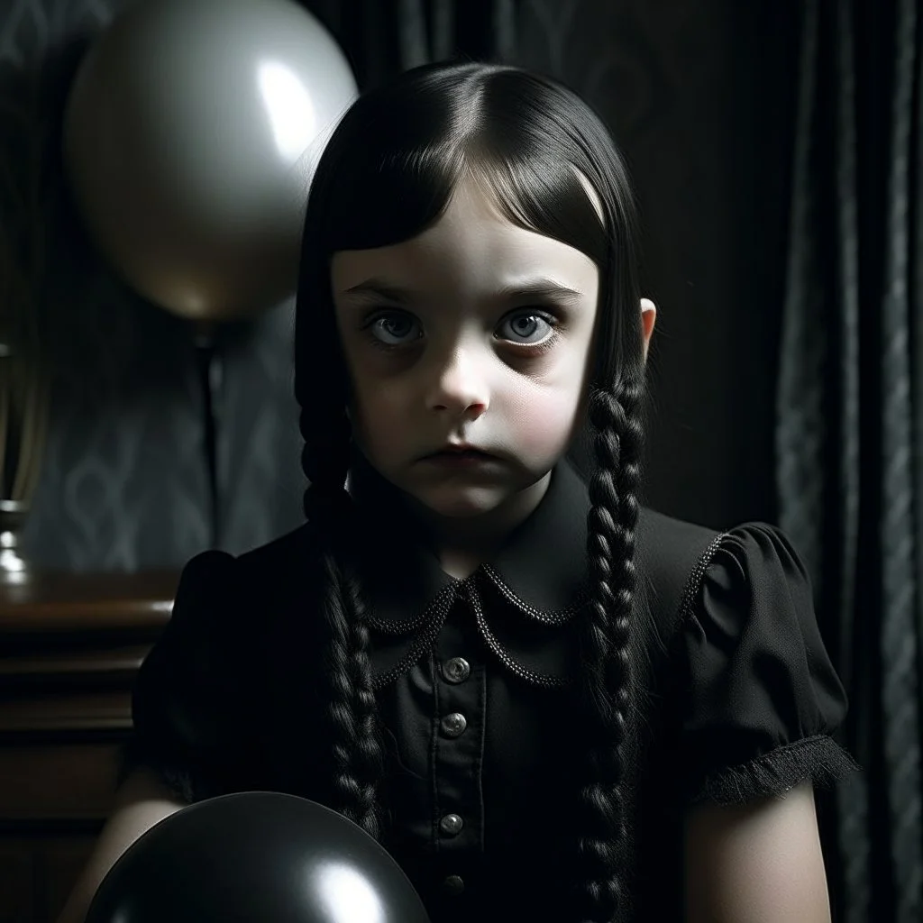 wednesday addams as a child, braids, a frange, a black balloon, polaroid, 1970s, empty black room, no emotion on her cold face
