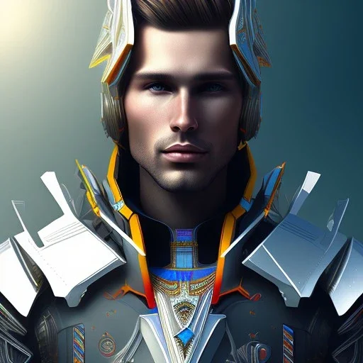 A handsome npc standing in front of a church, futuristic design, a paradise in background, close-up face, geometric armor