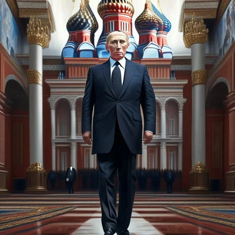 President putin in the Kremlin cuerpo completo piernas zapatos detallada obra de arte 4k traje corbata arte pixeles coherente proporcionado