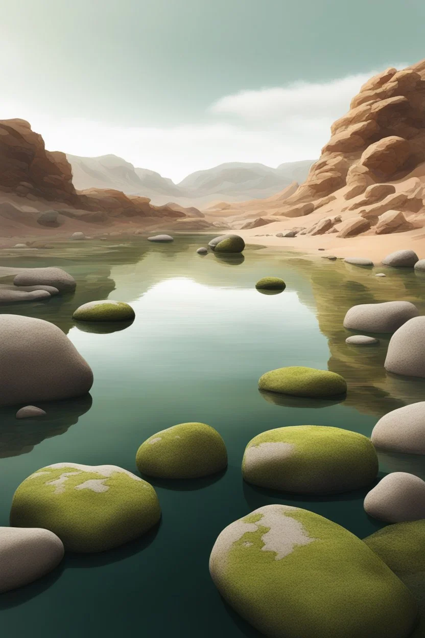 Draw me a lake with a mossy big stones in the desert