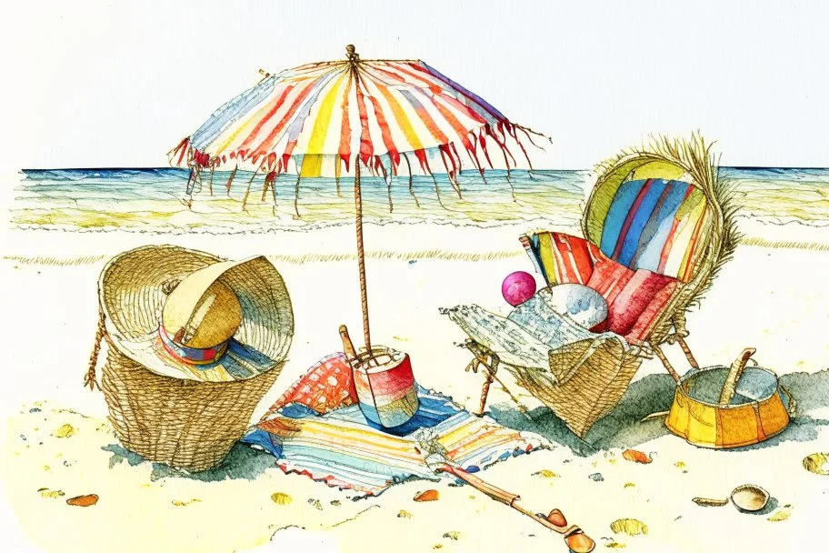 Two bright wicker armchairs on the sand of the beach, a colourful patchwork blanket thrown carelessly into one, hanging a little, a large straw hat with a large brim, a beach ball and a small sand shovel with a bucket on the floor. A few stray clumps of grass. Jean-Baptiste Monge style, S<AI watercolor and ink, intricate details, fantasy, beautiful, award winning, colorful, fantastic view, crisp quality, in sunshine