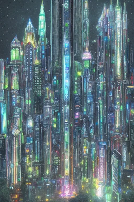 psychedelic skyscraper city detailed and intricate, mega, realistic, dark, night