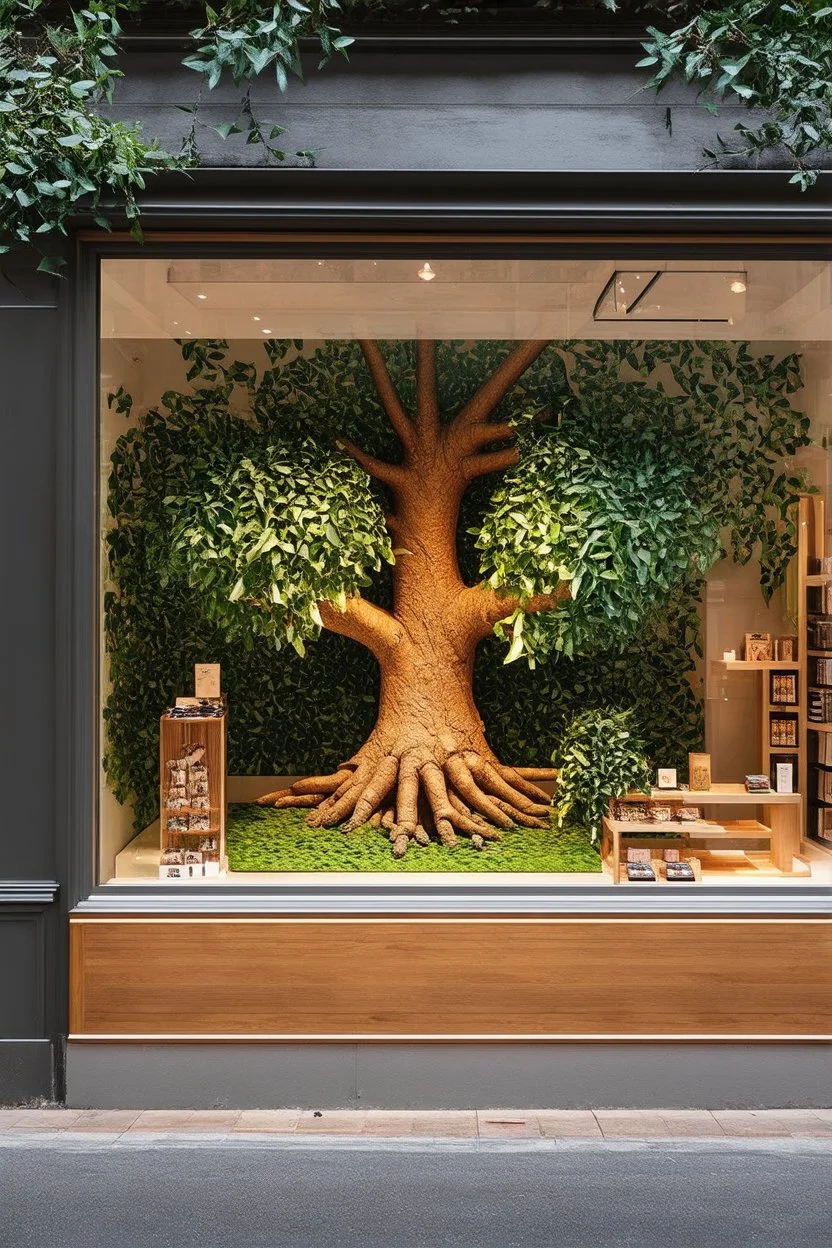 a retail window display that looks like it is inside a eucalyptus tree