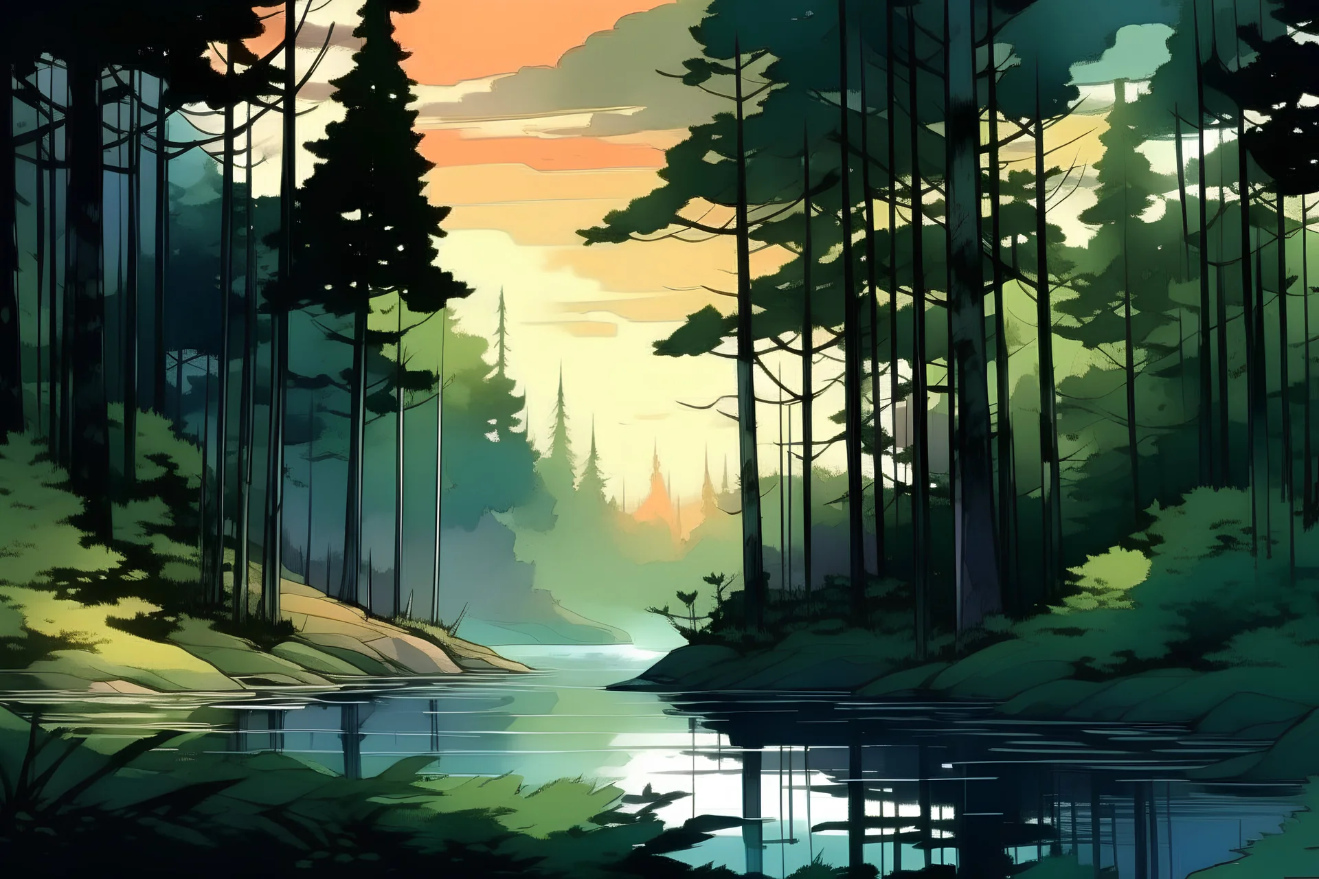 retro anime style, full color, dark serious 1980s anime style, A lake in the forest, watercolor, forest