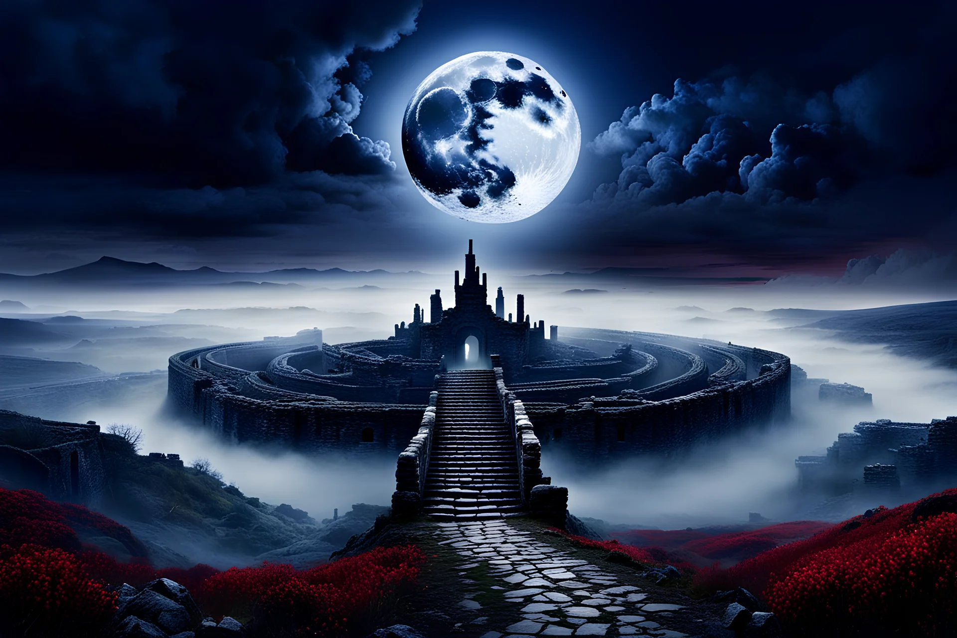 an (BIG perfect circe silver moon 1) on (dark blue sky 1,2) over the dark , mystic land, white fog, dark blue, grey, purple, red colors, empty landscape, in the distance old ruins, srtange, sinister , dark fantasy