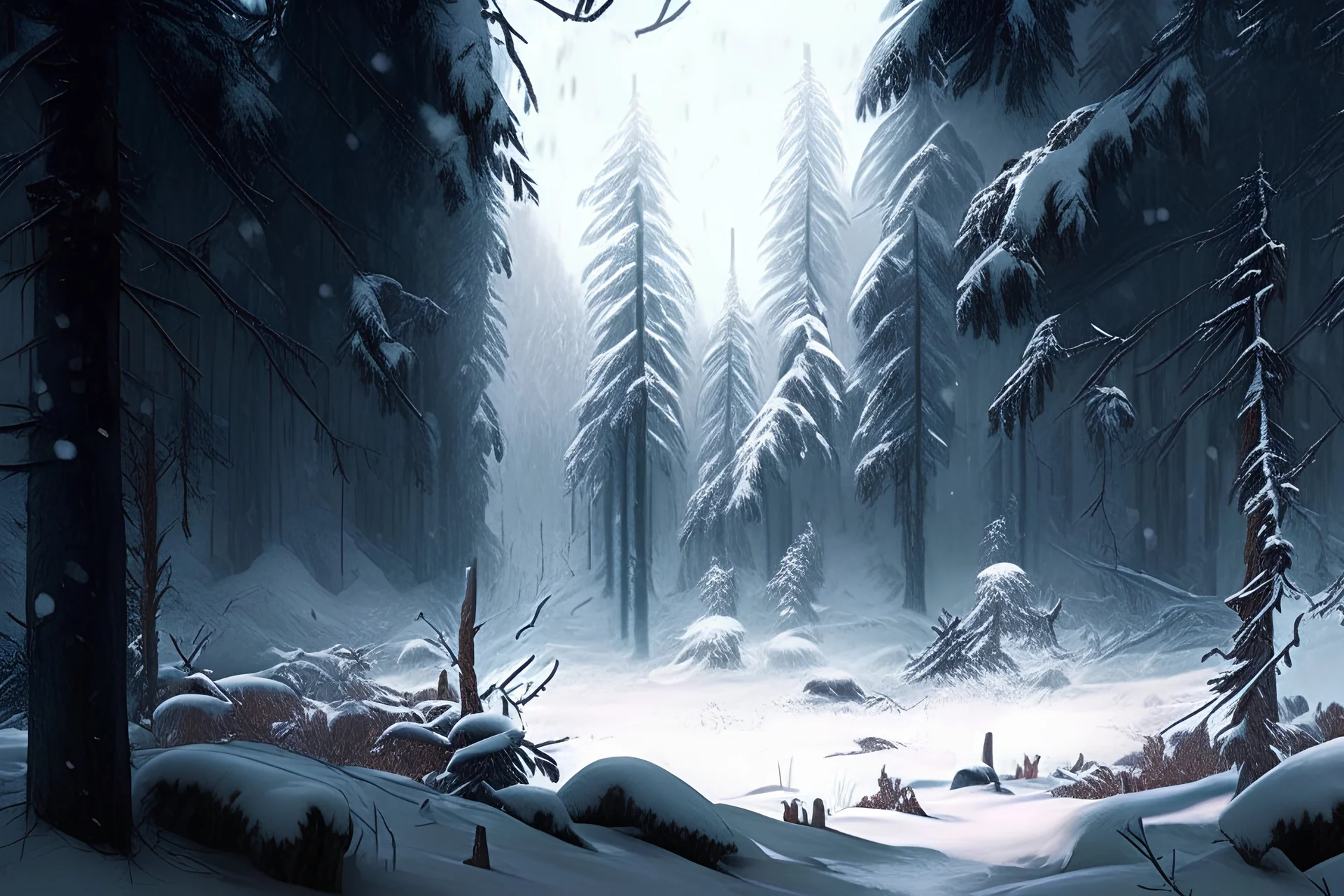 a cold and ruthless environment, snowy forest, cold winds, wilderness, dense, realistic