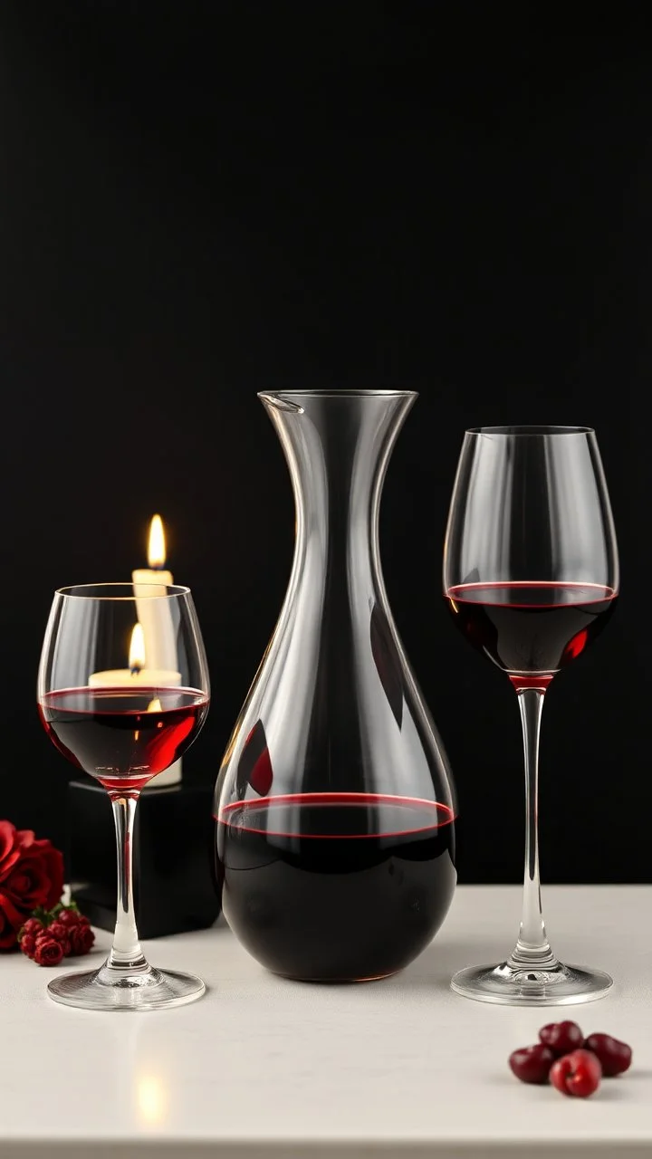 Elegant Wine Breathing Carafe Classic Red Wine Glass Table ieith candle The background is black,
